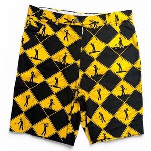 Royal & Awesome Mens Golf Shorts Yellow Black Hazard Diamond Print Size 36